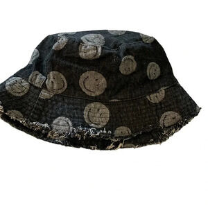 David and Young black happy face bucket hat with fringe on bottom